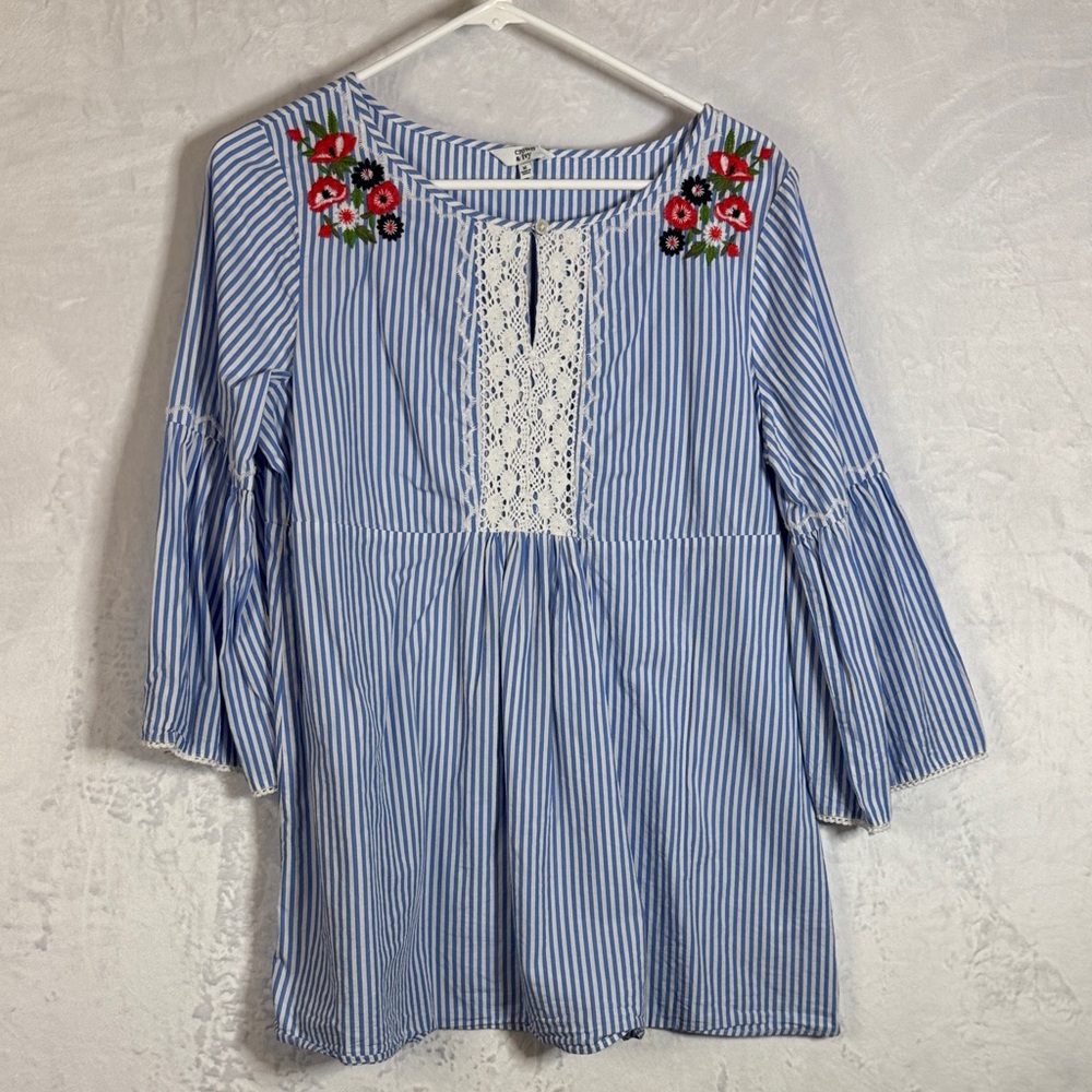 Crown & Ivy Medium Blue Striped Embroidered Women's Top